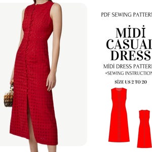 May include: A sleeveless red midi dress with a button-down front and a slit. The dress is worn by a person holding a patterned bag. The image also includes a PDF sewing pattern for a midi casual dress, with size US 2 to 20.