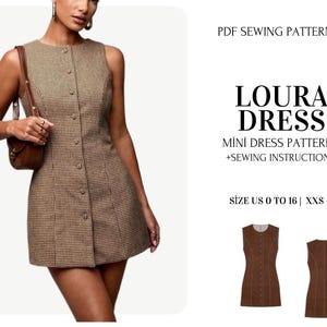 Mini Leinenkleid Schnittmuster PDF, Klassisches ärmelloses Kleid mit Knöpfen Schnittmuster, Digitales A-Line Kleid PDF, Größen US 0-16, Instant Download