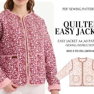 Op de afbeelding: Bordeauxgequilte jas met bloemenpatroon, ronde kraag, twee voorzakken en roze bies. De jas heeft een knoopsluiting en maakt deel uit van een PDF-naaipatroon genaamd "Quilted Easy Jacket". Maten variëren van S tot 3XL.