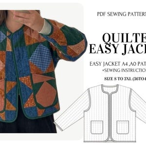 May include: A quilted jacket in a patchwork design, featuring blue, green, and peach-colored geometric shapes. The jacket has a round collar and two front pockets. The image also includes a line drawing of the jacket and text that reads "QUILTED EASY JACKET".
