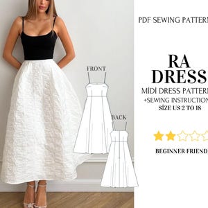 May include: A PDF sewing pattern for the Ra Dress, a midi dress with a black bodice and a white textured skirt. The pattern includes sewing instructions for sizes US 2 to 18, featuring technical line drawings of the front and back views.