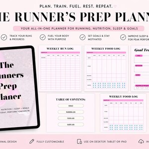 以下が含まれることがあります： ピンクと白のデザインのデジタルプランナー「The Runner's Prep Planner」。ランニング、栄養、睡眠、目標のセクションが含まれています。 Canvaで編集可能で、デスクトップ、タブレット、またはiPadで使用できます。