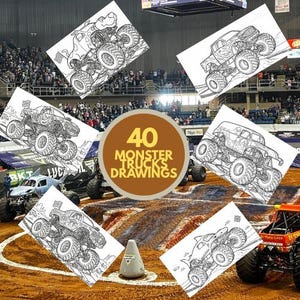 Puede incluir: Una imagen con varios dibujos de monster trucks en blanco y negro, junto con un círculo marrón con el texto "40 MONSTER TRUCKS DRAWINGS". Los dibujos están sobre papel blanco y se encuentran en el contexto de un rally de monster trucks.