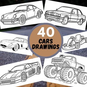 Könnte beinhalten: Schwarz-Weiß-Strichzeichnungen verschiedener Autos, darunter ein Sportwagen, eine Limousine, ein Go-Kart, ein Monstertruck und ein Ferrari. Ein brauner Kreis in der Mitte zeigt "40 CARS DRAWINGS". Die Zeichnungen sind auf weißem Papier.