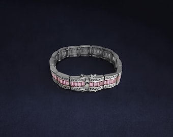 Pulsera vintage de plata de ley estilo art déco con turmalina rosa