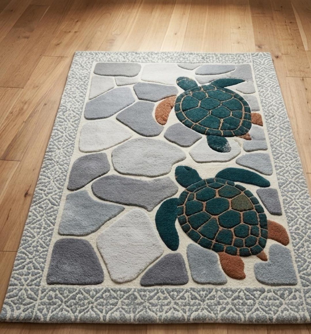 Mid-century Modern Sea Turtle Coastal Area Rug Bauhaus Style Hand ...