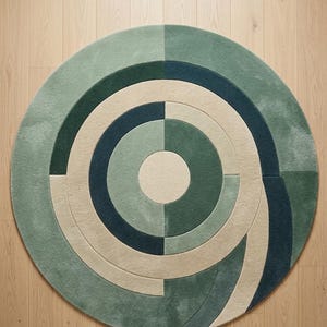 Round Wool Rug Modern Geometric Circle Area Rug Green Sage Teal Hand Tufted Carpet for Living Room Bedroom Custom 4x4 5x5 6x6 7x7 8x8 10x10
