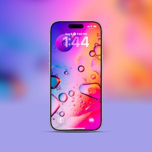 May include: A silver smartphone displays a colorful abstract wallpaper with water droplet effects. The screen shows the time as 1:44 PM on August 6. The phone has a camera and a lock icon on the bottom.