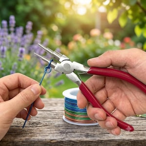 May include: Metal round-nose pliers with red rubberized handles are being used to shape a piece of blue craft wire into a loop. A spool of multi-colored craft wire sits nearby, featuring layers of blue, green, and copper-toned wire coils.