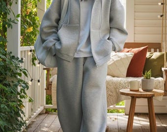 Übergroßer grauer Hoodie und Jogginghose mit weitem Bein, Unisex Cotton Lounge Set
