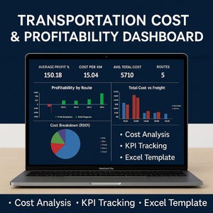 Puede incluir: Un portátil que muestra un panel de control de costos de transporte y rentabilidad. La pantalla muestra gráficos para el análisis de costos, el seguimiento de KPI y una plantilla de Excel. El texto incluye "Beneficio promedio", "Costo por km" y "Rutas".