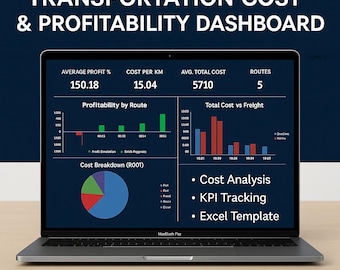 May include: A laptop screen showing a transportation cost and profitability dashboard with charts and graphs. The display includes cost analysis, KPI tracking, and an Excel template. Text includes "Average Profit," "Cost Per KM," and "Routes."