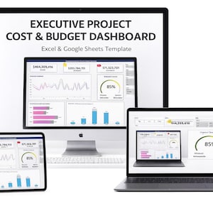 Puede incluir: Una plantilla de panel digital para la gestión de costes y presupuestos de proyectos, que se muestra en un ordenador de sobremesa, un portátil y una tableta. Las pantallas muestran gráficos y visualizaciones de datos.
