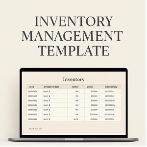 Puede incluir: Un portátil muestra una plantilla de gestión de inventario. La pantalla muestra una tabla con columnas para Dtag, Project Page, Jrinte, Qlilat y Rostilency. El texto "INVENTORY MANAGEMENT TEMPLATE" está en la parte superior.