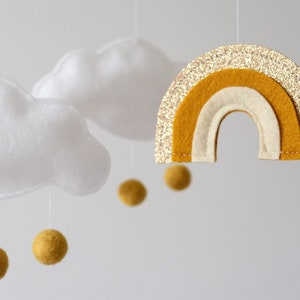 Baby Mobile Cloud and Rainbow Ochre Gold Ivory and White New Baby Gift for Girl or Boy Colorful Rainbow Crib Mobile image 3