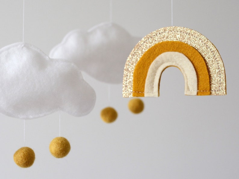 Baby Mobile Cloud and Rainbow Ochre Gold Ivory and White New Baby Gift for Girl or Boy Colorful Rainbow Crib Mobile image 3