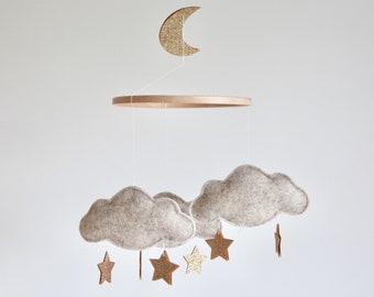 Natural Baby Mobile - Cloud, Star and Moon Crib Mobile - New Baby Gift - Neutral Beige Nursery Decor