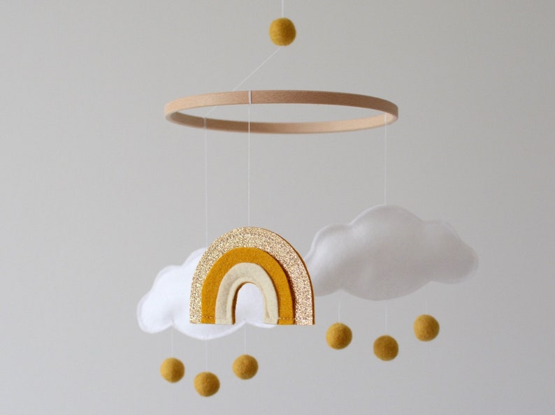 Baby Mobile Cloud and Rainbow Ochre Gold Ivory and White New Baby Gift for Girl or Boy Colorful Rainbow Crib Mobile image 2