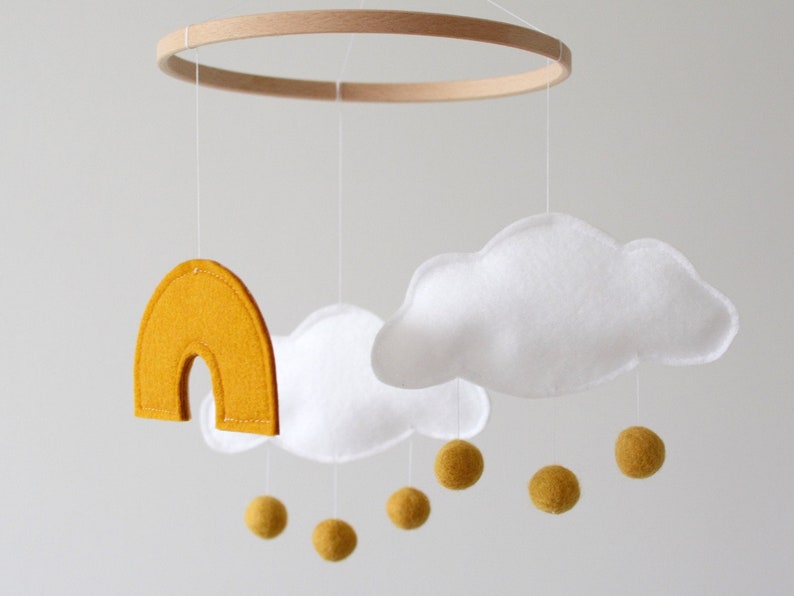 Baby Mobile Cloud and Rainbow Ochre Gold Ivory and White New Baby Gift for Girl or Boy Colorful Rainbow Crib Mobile image 4