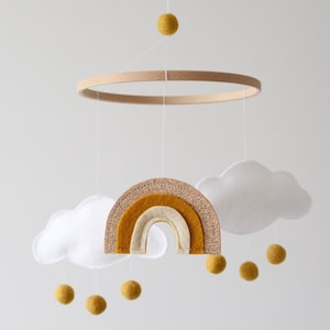 Baby Mobile Cloud and Rainbow Ochre Gold Ivory and White New Baby Gift for Girl or Boy Colorful Rainbow Crib Mobile image 1