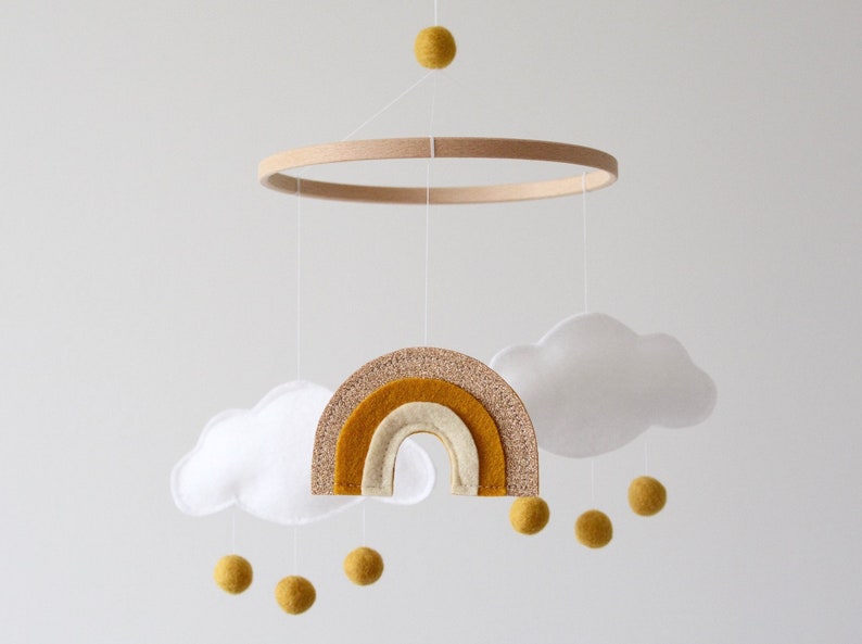 Baby Mobile Cloud and Rainbow Ochre Gold Ivory and White New Baby Gift for Girl or Boy Colorful Rainbow Crib Mobile image 1