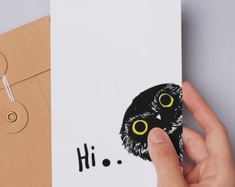 Carte postale noir et blanc hibou – téléchargement numérique A6 | Illustration dessinée à la main | Carte postale imprimable