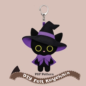 May include: A black felt cat keychain featuring a purple witch hat, a purple cape with a bow, and large yellow eyes. The keychain is attached to a silver metal ring. Below the cat, a brown banner displays the text PDF Pattern DIY Felt Keychain.