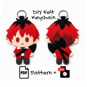 Può includere: Un modello per portachiavi in feltro fai-da-te raffigurante un personaggio dei cartoni animati con capelli rossi, giacca rossa e un'ascia nera. Include icone di file PDF e SVG. Il testo recita DIY Felt Keychain e Pattern + SVG. Personaggio visto fronte e retro.