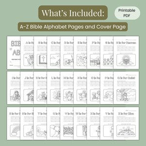 May include: A collection of A-Z Bible alphabet pages and a cover page, with the text "What's Included: A-Z Bible Alphabet Pages and Cover Page" at the top. Each page features a letter and a corresponding illustration, such as a cross, a rainbow, and a depiction of heaven.