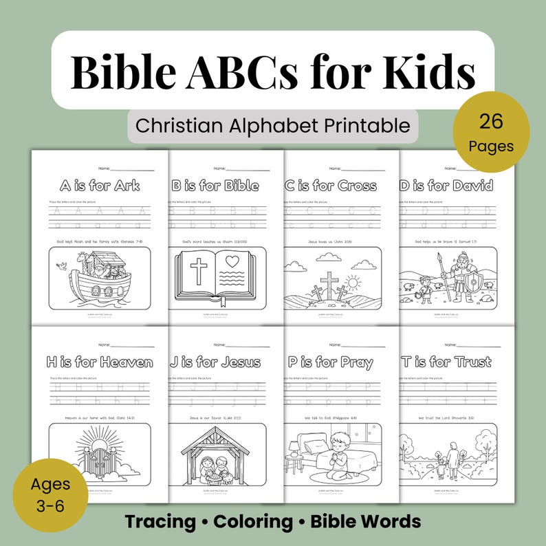 May include: A printable workbook titled "Bible ABCs for Kids" with 26 pages. The pages feature tracing and coloring activities for Christian alphabet words. The workbook is designed for children ages 3-6.