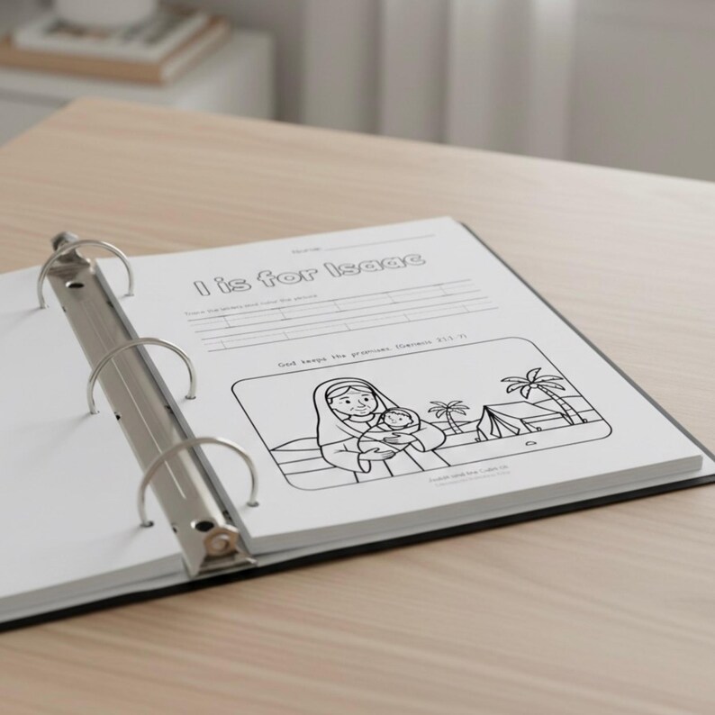 May include: Open binder with a black and white page that says "I is for Isaac". The page has a black and white illustration of a woman holding a baby, with palm trees and a tent in the background.