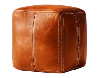 Moroccan Ottoman Pouf Cover Genuine Leather Boho Floor Cushion Handmade Cognac Brown
