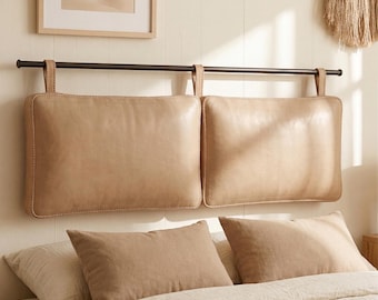 Leather Headboard Wall Mounted Minimalist, Moroccan Handmade Sand Brown Headboard, Modern Boho Bedroom Decor