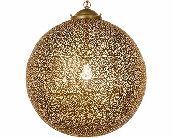 Moroccan Brass Globe Pendant Chandelier Handmade in Fes Filigree Ceiling Light Shadow Lamp