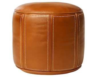 Moroccan Ottoman Round Pouf Cover Genuine Leather Hand Stitched Boho Floor Cushion Cognac Brown