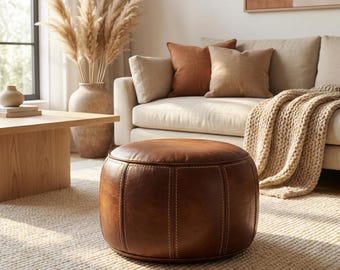 Handmade Moroccan Leather Pouf, Cognac Brown Boho Ottoman, Living Room Footstool