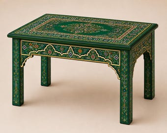 Handbemalte Smaragdgrüne Marokkanische Holztisch, Berber Folk Art Kaffee Akzent Möbel