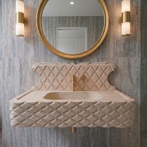 Lavabo de travertino tallado a mano, tocador de pared con diseño de diamante, lavabo de baño de lujo