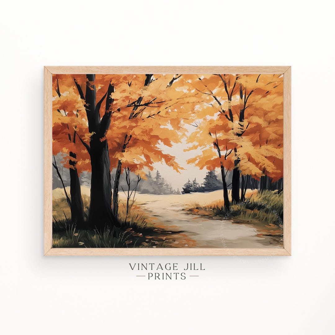 Rustic Autumn Forest Path - Vintage-style Fall Landscape Painting, Cozy ...
