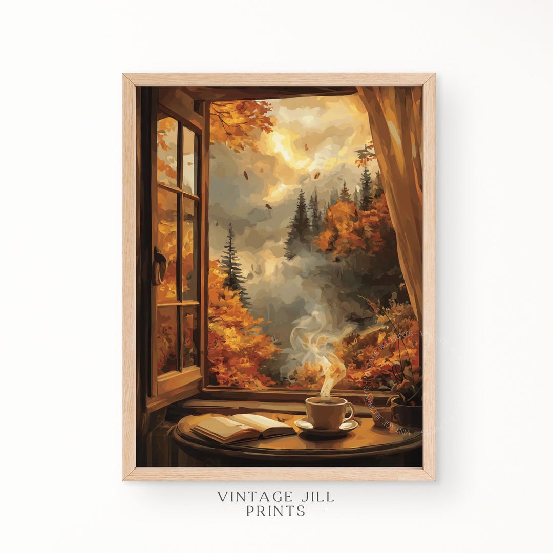 Vista aconchegante da floresta de outono através da janela da casa de ...
