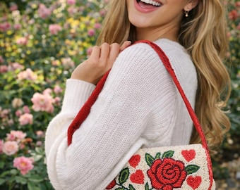 Hand Beaded Rose and Heart Shoulder Bag | Staud Bag Dupe