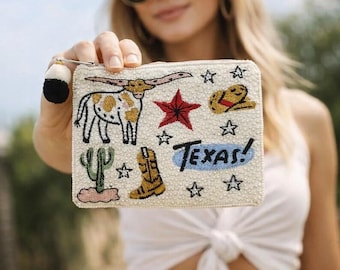 Big Texas Hand Beaded Coin Purse - Glass Seed Beads, Pom Zipper