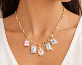 Mediterranean Coastal Beach Enamel Charm Necklace