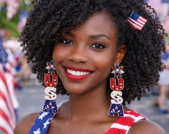 USA Hand Beaded Statement Earrings | Fourth of July Earrings