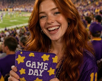 Purple and Yellow Stars Game Day Hand Beaded Coin Purse