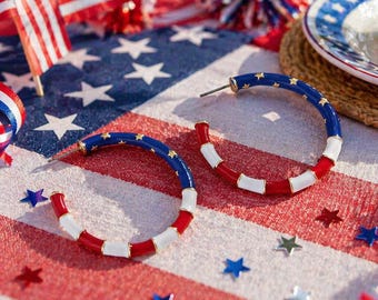 Large Patriotic Enamel Stars and Stripes Hoop Earrings