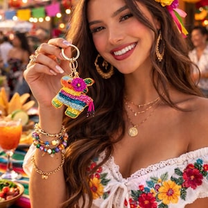 Fiesta Piñata Hand Beaded Keychain | Seed Bead Bag Pendant