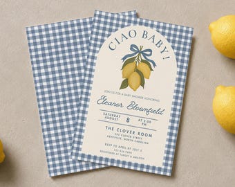 Invito per baby shower "Ciao", baby shower a quadretti blu e limoni, ambientato sulla Costiera Amalfitana italiana. Modello modificabile, stampabile in formato digitale 5x7 per Canva.