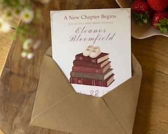 A New Chapter Begins Baby Shower Invitation, Vintage Book Themed Baby Shower Invite, Book Stack Template, Gender Neutral, Editable Burgundy