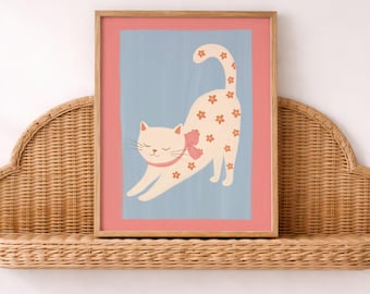 Floral Cat Wall Art, Stretching White Kitty Print, Pink Bow Kitten Poster, Whimsical Storybook Nursery Decor, Cottagecore Girls Room Artwork
